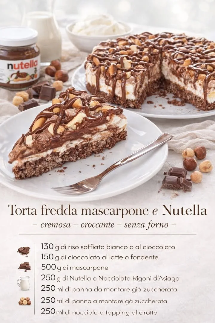 No-bake mascarpone Nutella cake with chocolate drizzle and hazelnuts on top.