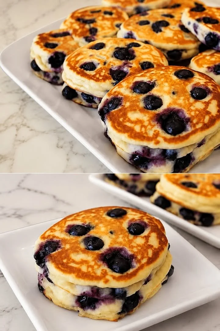 Pancake ai mirtilli soffici e leggeri pronti per essere serviti.