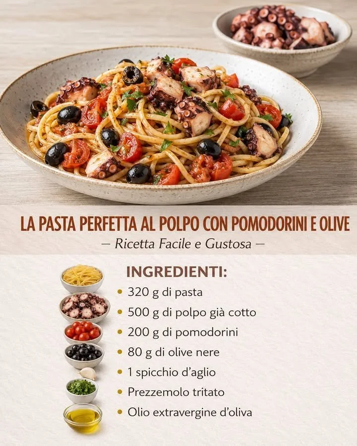Pasta al polpo con pomodorini e olive, un piatto delizioso e colorato.