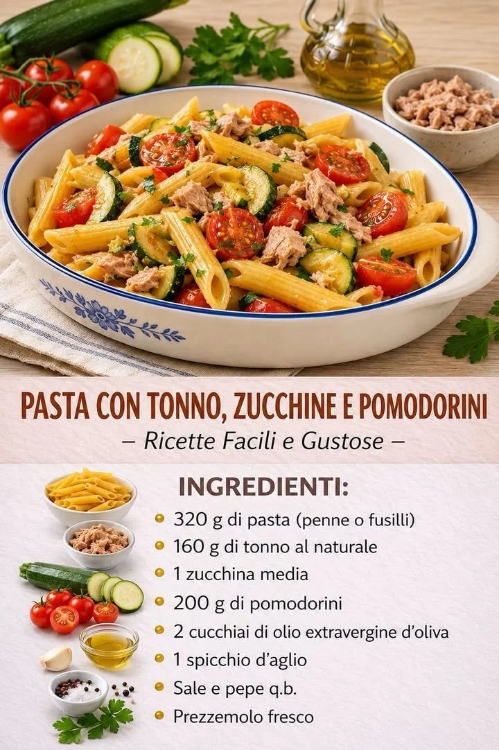 Pasta al tonno con zucchine e pomodorini in un piatto colorato
