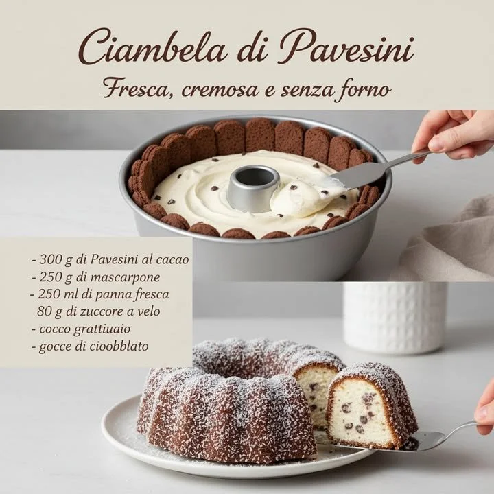 Pavesini Ring Cake with layers of creamy filling and chocolate topping.