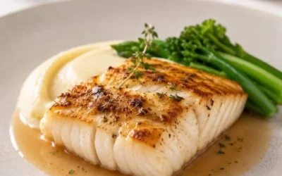 Pesce arrosto al sugo di vitello servito su un piatto elegante