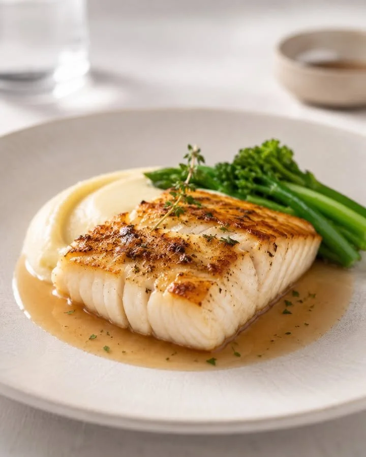 Pesce arrosto al sugo di vitello servito su un piatto elegante