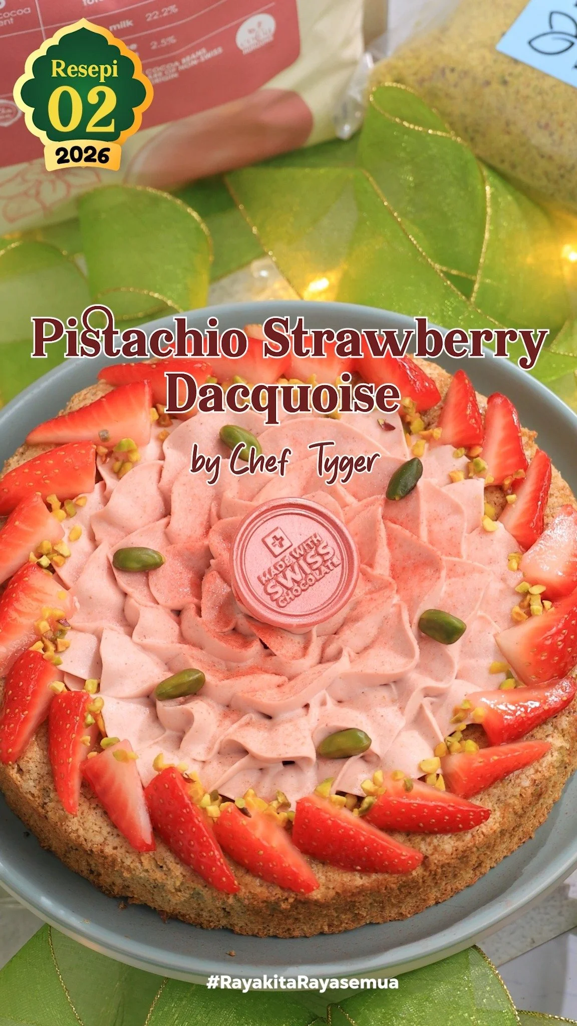 Pistachio and Strawberry Dacquoise Dessert beautifully plated with fresh fruit