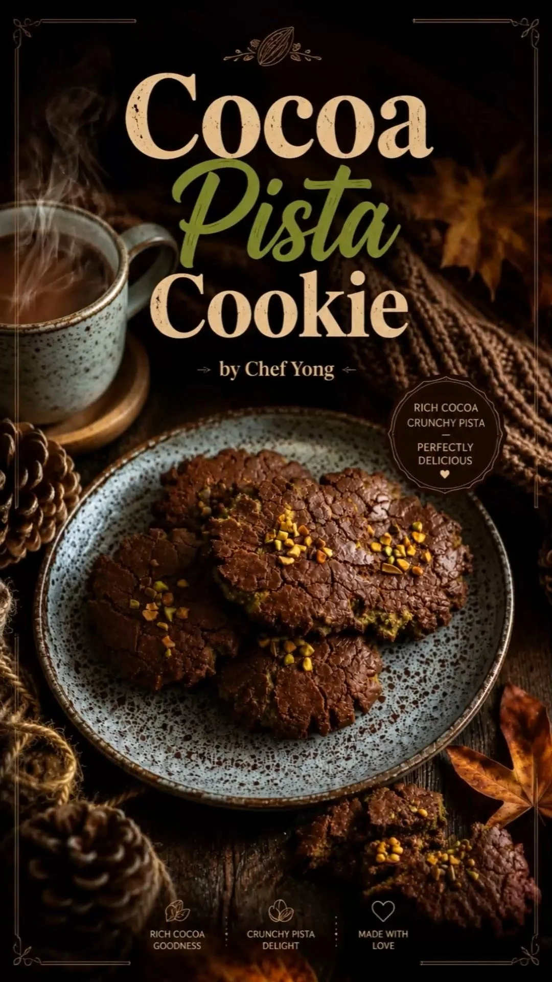 Baked pistachio cocoa cookies on a plate with a glass of milk
