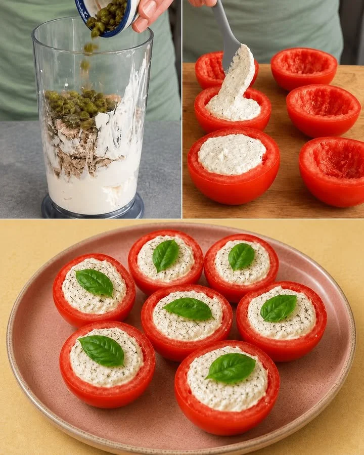 Pomodori ripieni freddi con ingredienti freschi e aromi mediterranei