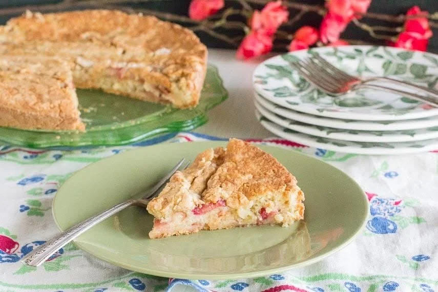 Delicious rhubarb cake showcasing amazing flavor and texture in a beautiful presentation.