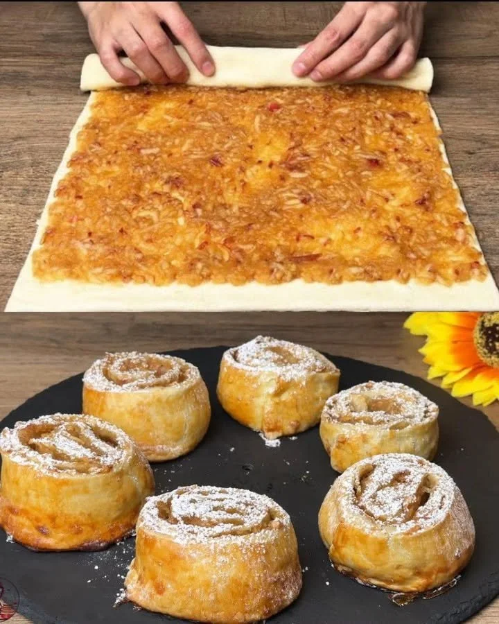 Rotoli di pasta sfoglia con mele appena sfornati e decorati