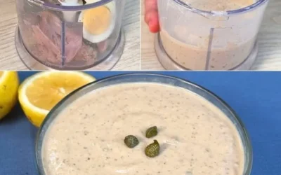 Salsa Tonnata cremosa su un piatto con carne e pesce.