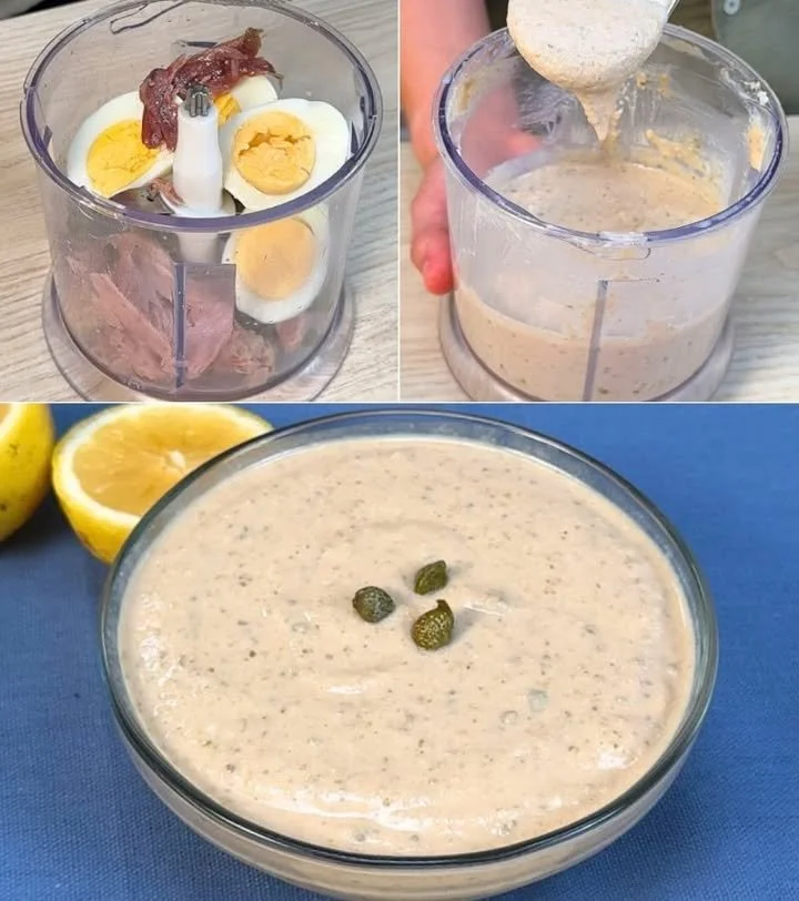 Salsa Tonnata cremosa su un piatto con carne e pesce.