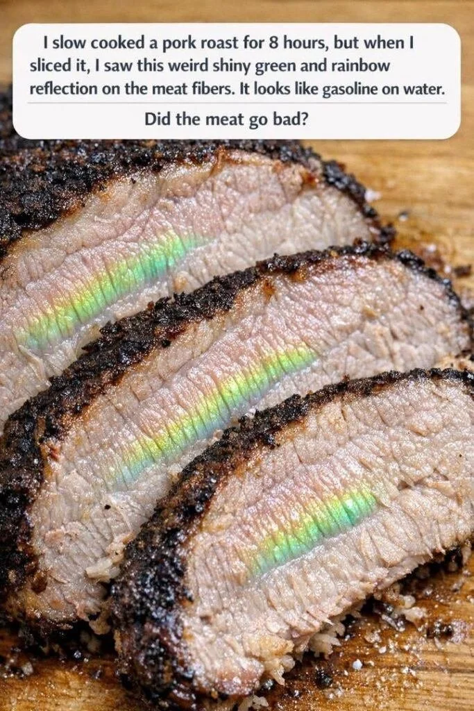 Slow-cooked pork roast with green and rainbow discoloration