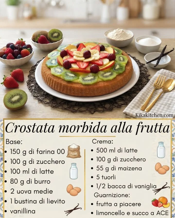 Soft fruit tart topped with fresh fruits and creamy pastry cream