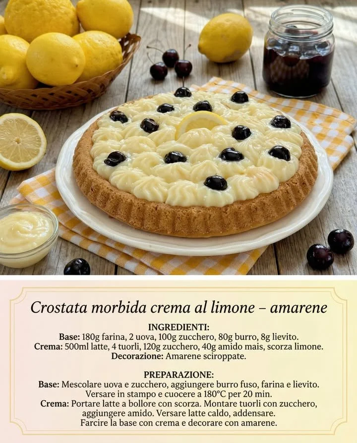 Soft lemon tart topped with cream and Amarena cherries