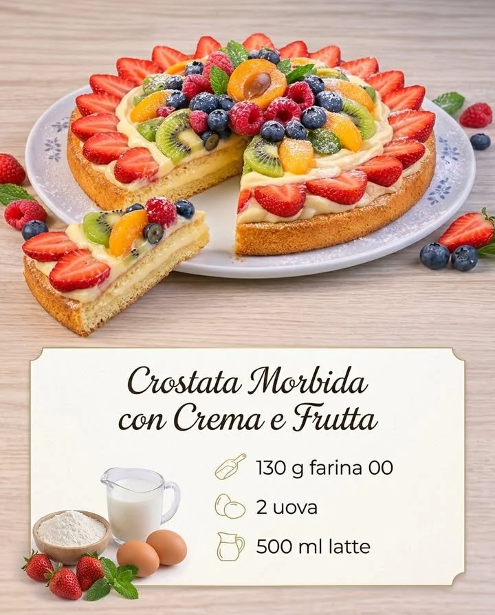 Delicious soft tart topped with creamy frosting and fresh fruit slices