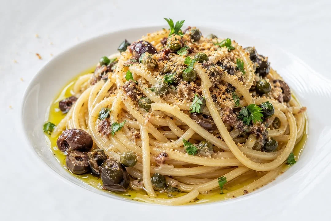 Plate of spaghetti with sautéed eggplant and herbs