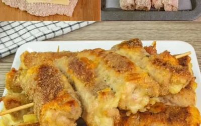 Spiedini filanti pronti da servire con formaggio fuso e ingredienti freschi