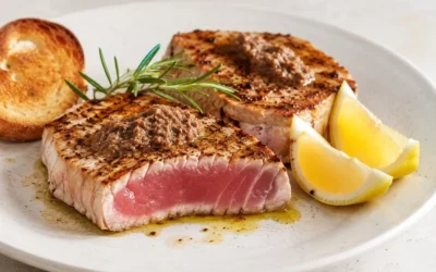 Steak di tonno marinato in stile siciliano con contorni freschi.