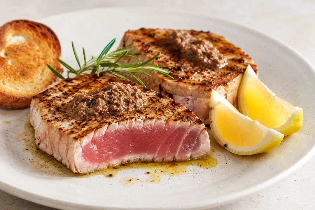Steak di tonno marinato in stile siciliano con contorni freschi.