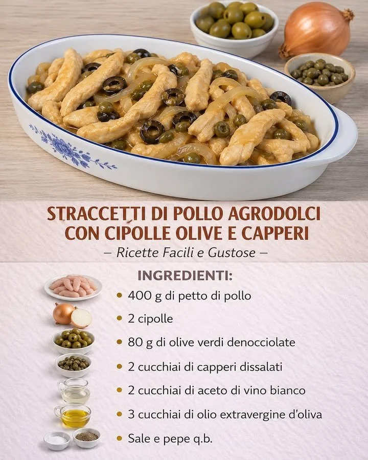 Straccetti di pollo agrodolci con cipolle, olive e capperi in un piatto gustoso