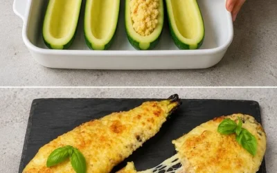 Healthy stuffed zucchini recipe with colorful vegetables and spices