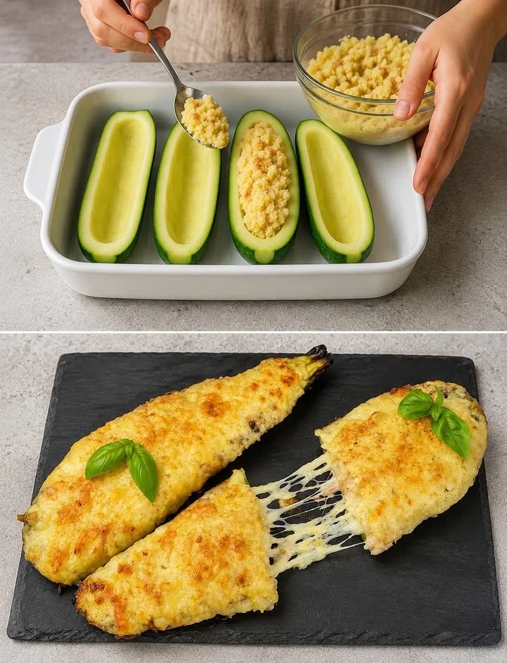 Healthy stuffed zucchini recipe with colorful vegetables and spices