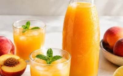 Succo di pesca fresco in un bicchiere ghiacciato con pesche fresche sullo sfondo