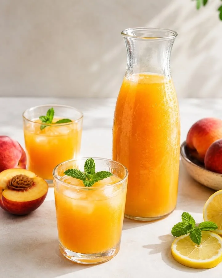Succo di pesca fresco in un bicchiere ghiacciato con pesche fresche sullo sfondo