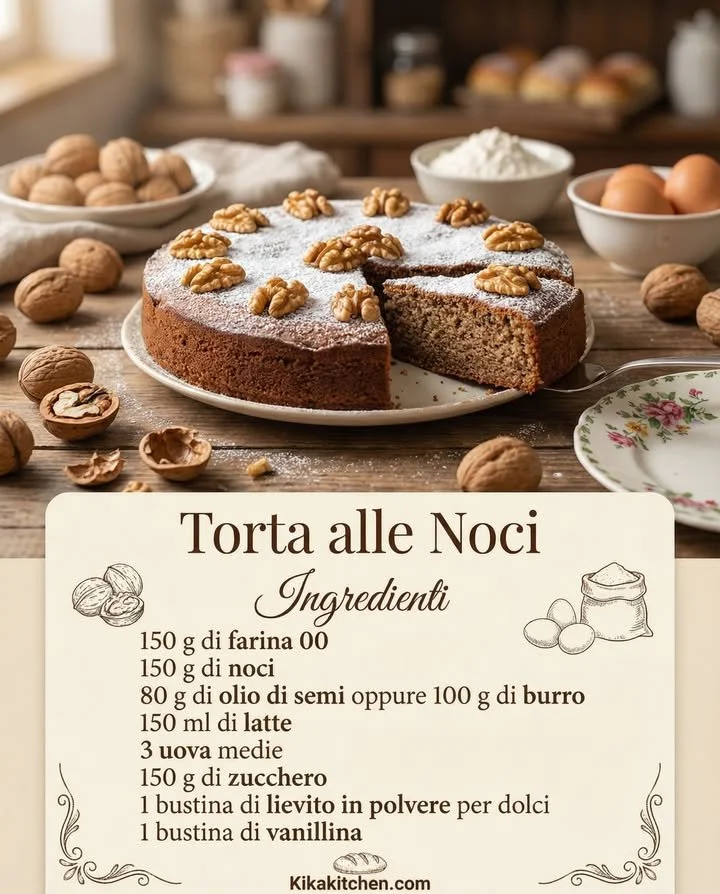 Delicious slice of Torta alle Noci, Italian walnut cake topped with walnuts.