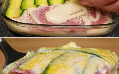 White zucchini and ham parmigiana served in a casserole dish.