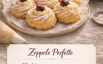 Delicious zeppole pastries dusted with powdered sugar and topped with cream.