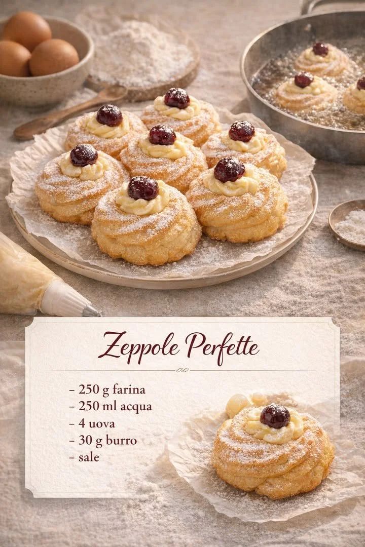 Delicious zeppole pastries dusted with powdered sugar and topped with cream.