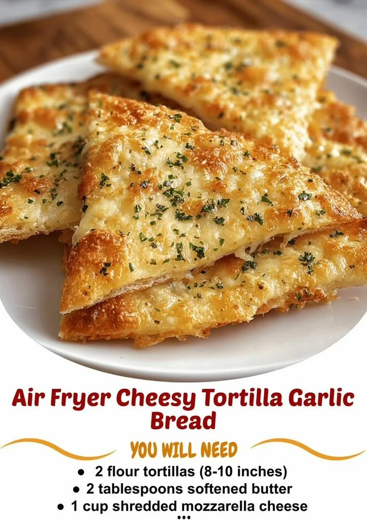 Air fryer cheesy tortilla garlic bread topped with melted cheese and garlic.