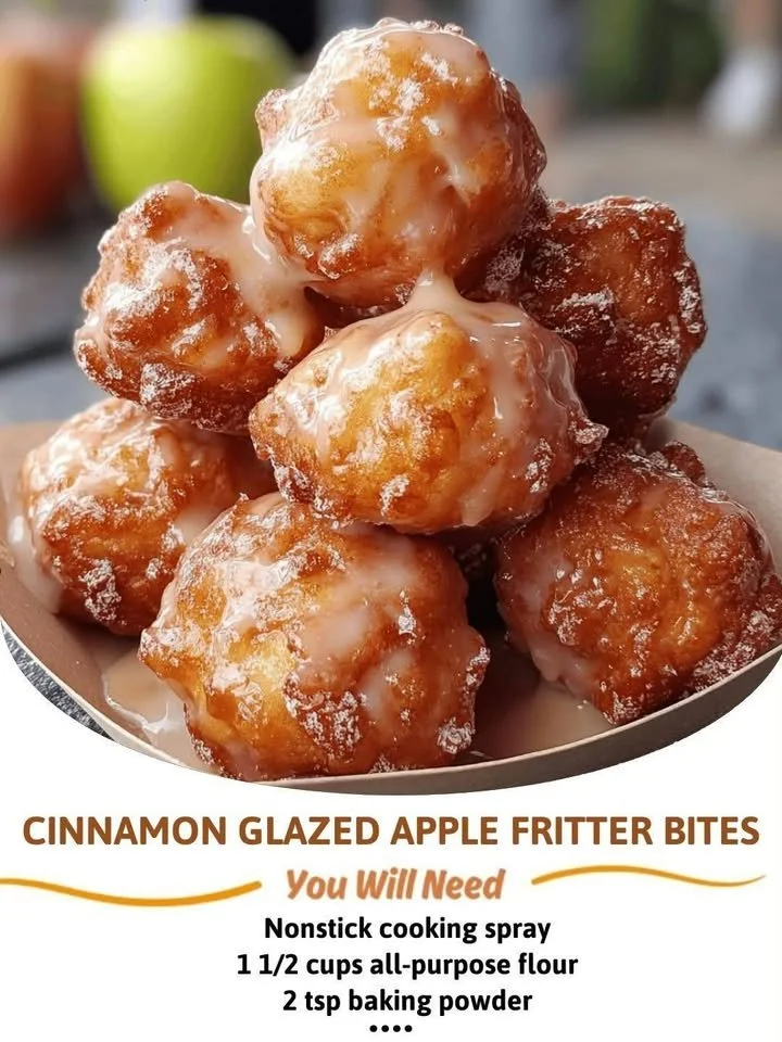Apple fritter bites drizzled with cinnamon glaze on a plate