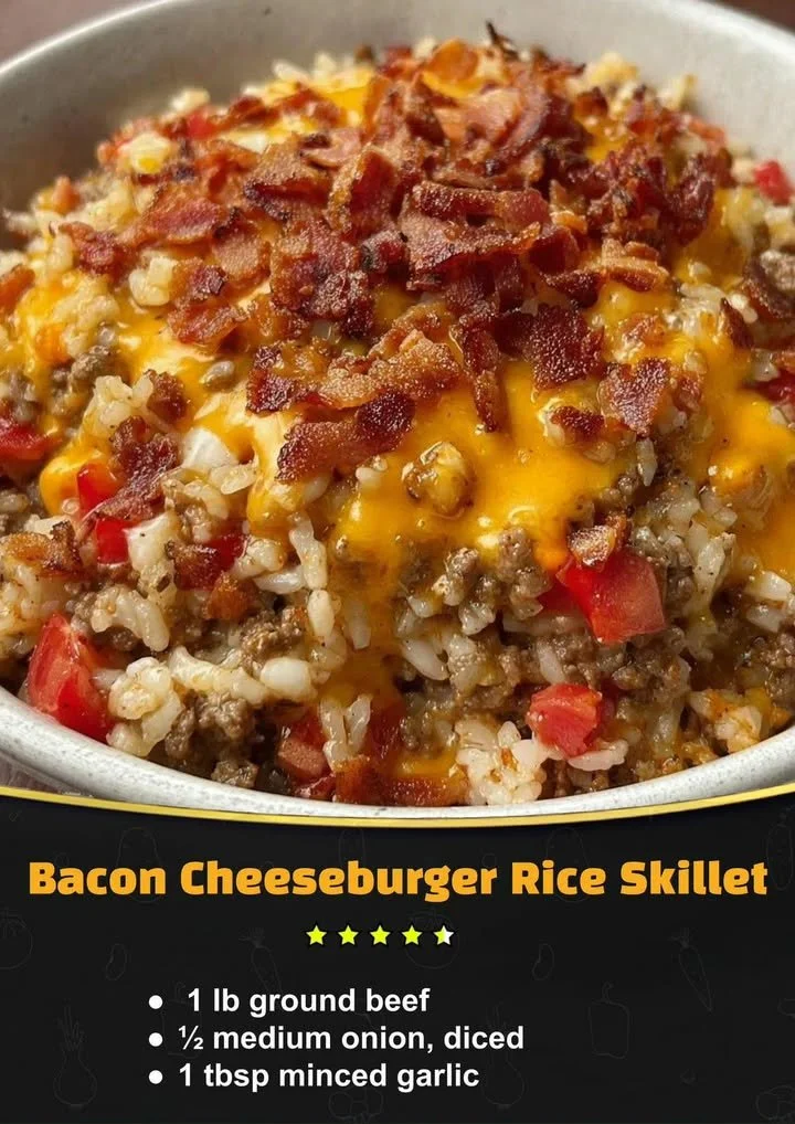Delicious bacon cheeseburger rice skillet garnished with fresh herbs