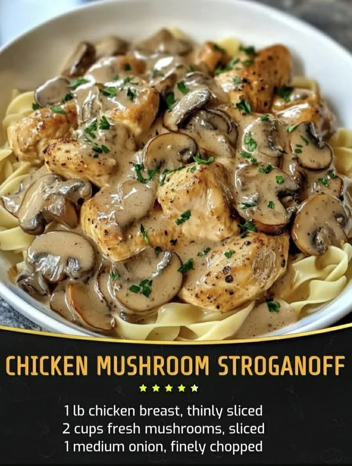 Creamy Chicken Mushroom Stroganoff served in a bowl with fresh herbs