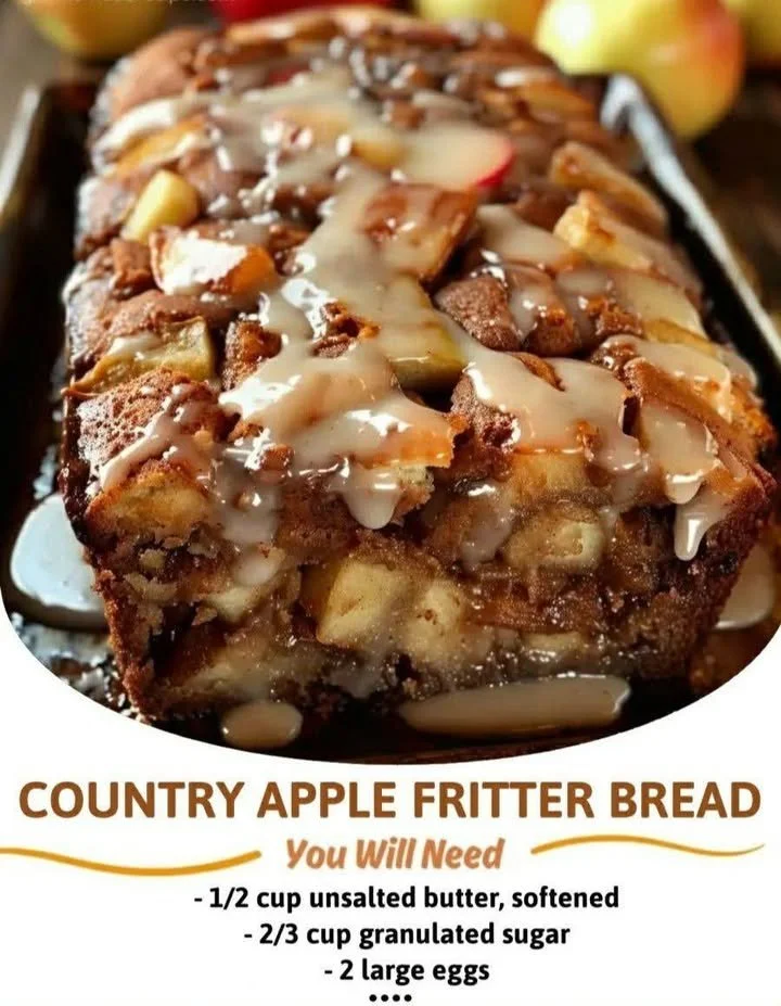 Homemade country-style apple fritter bread with chunks of apple and cinnamon glaze.