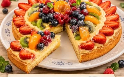 Crostata morbida con crema e frutta fresca su un piatto elegante.