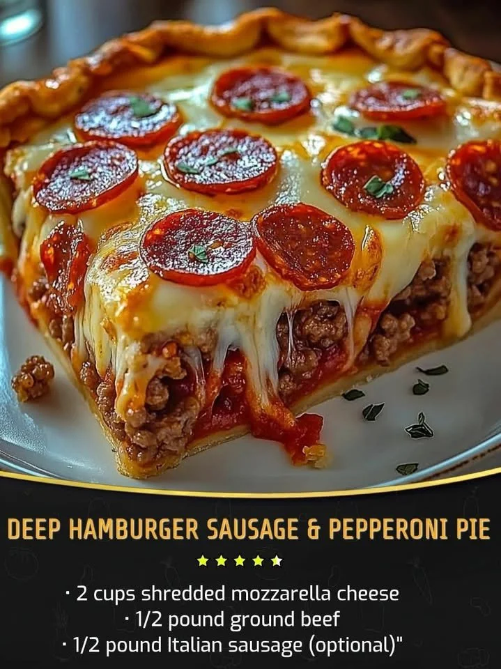 Delicious Deep Hamburger Sausage & Pepperoni Pie fresh out of the oven