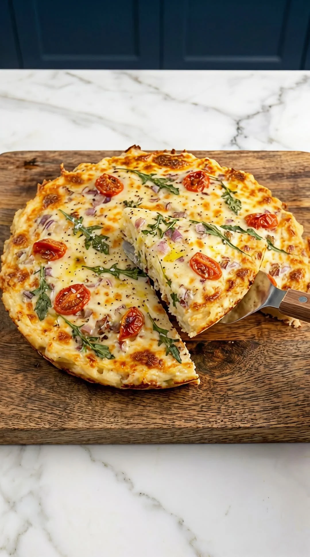 Easy potato tart served on a plate with fresh herbs