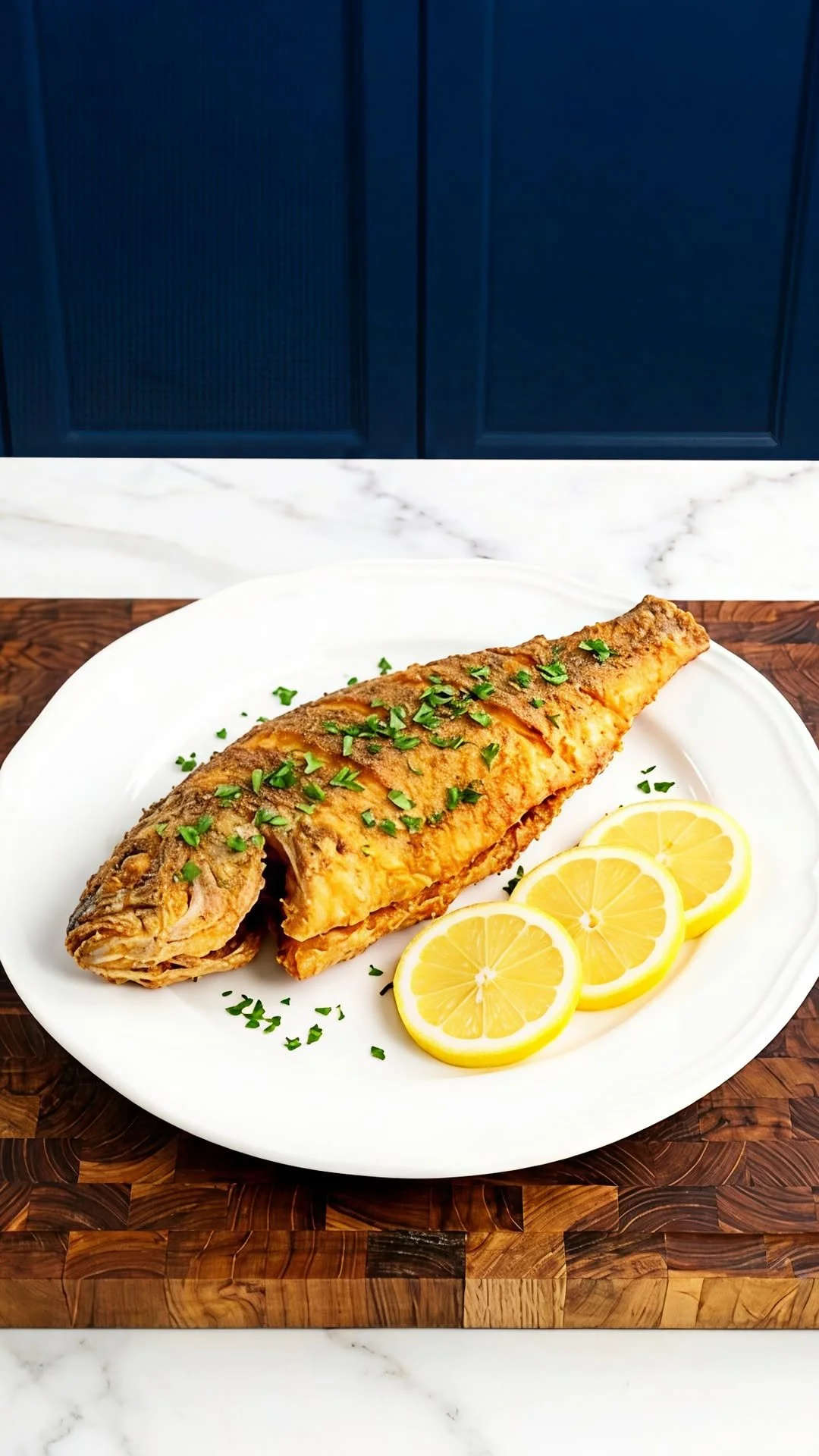 Golden fried fish served with lemon and tartar sauce on a plate.