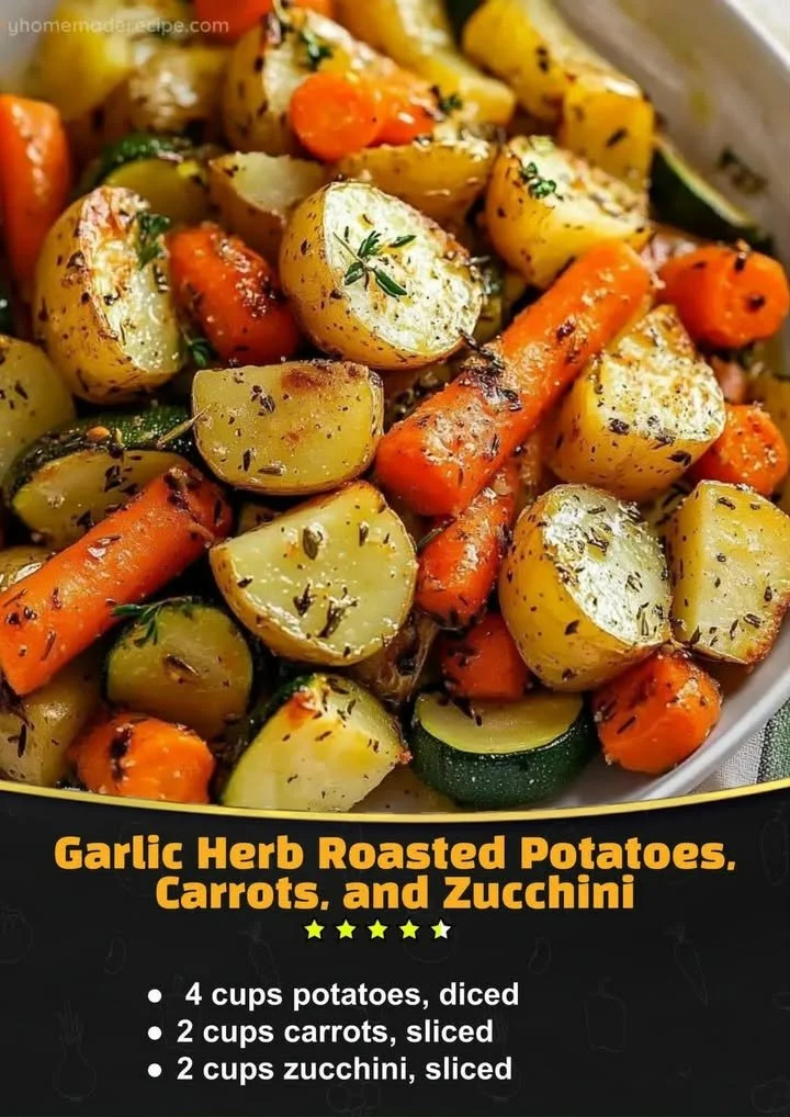 Tray of Garlic Herb Roasted Potatoes with Carrots and Zucchini