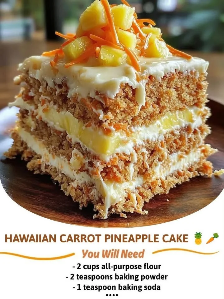 Hawaiian Carrot Pineapple Cake topped with cream cheese frosting and garnished with pineapple.
