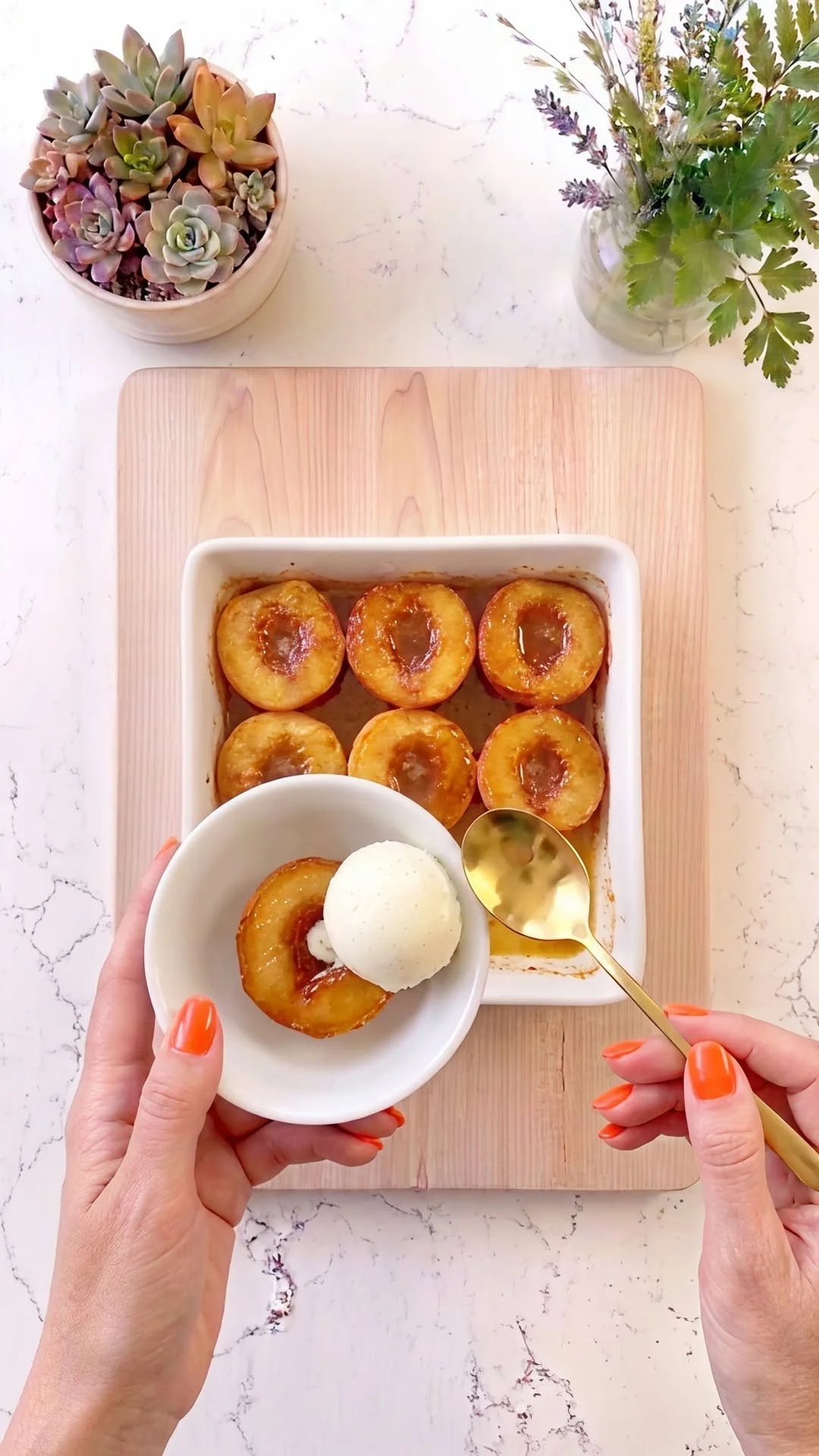 Honey cinnamon baked peaches served warm with a drizzle of honey.