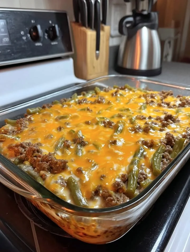 Keto Cheesy Beef and Green Bean Bake served in a dish