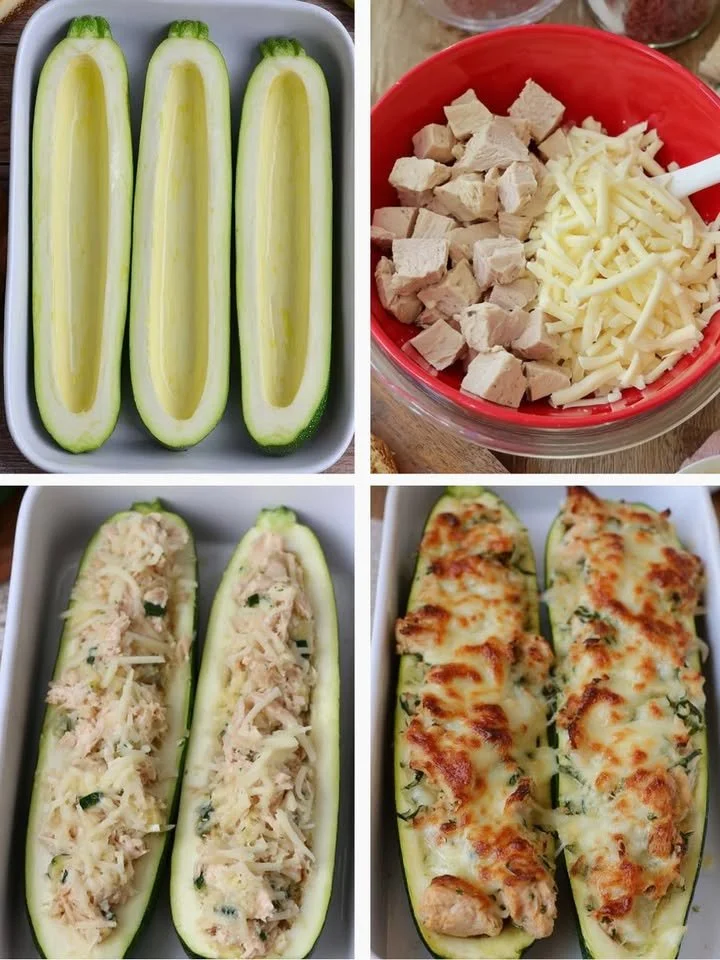 Keto Cheesy Chicken Zucchini Boats topped with melted cheese and herbs