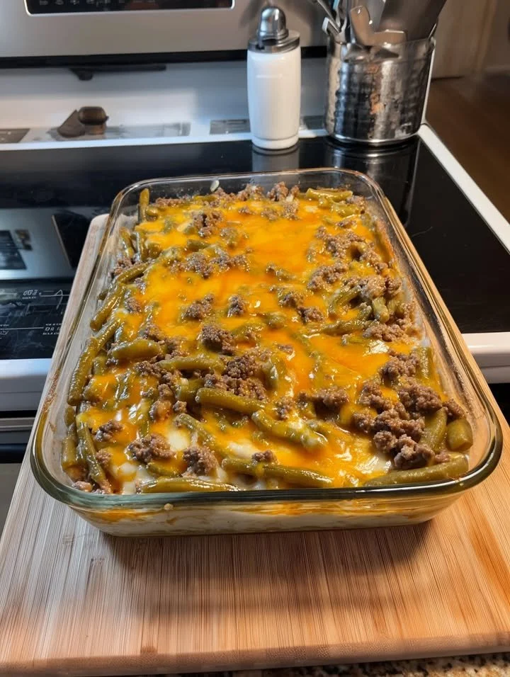 Keto Cheesy Green Bean and Beef Casserole served in a dish.