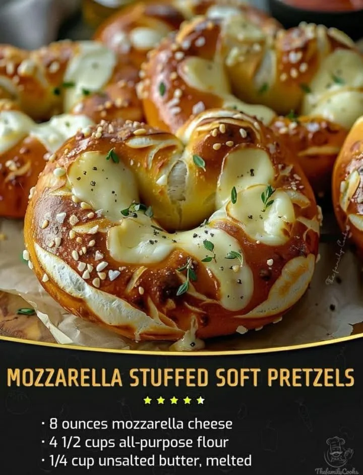 Mozzarella stuffed soft pretzels fresh out of the oven, golden brown and gooey.