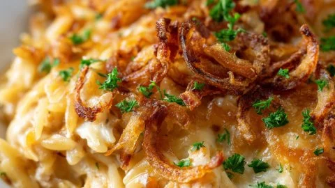 Creamy Orzo Chicken Casserole with French Onion