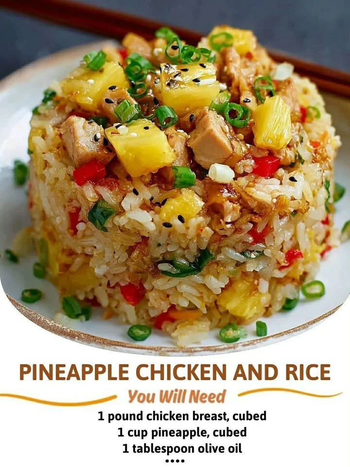 Pineapple chicken served with rice, showcasing vibrant colors and tasty ingredients.