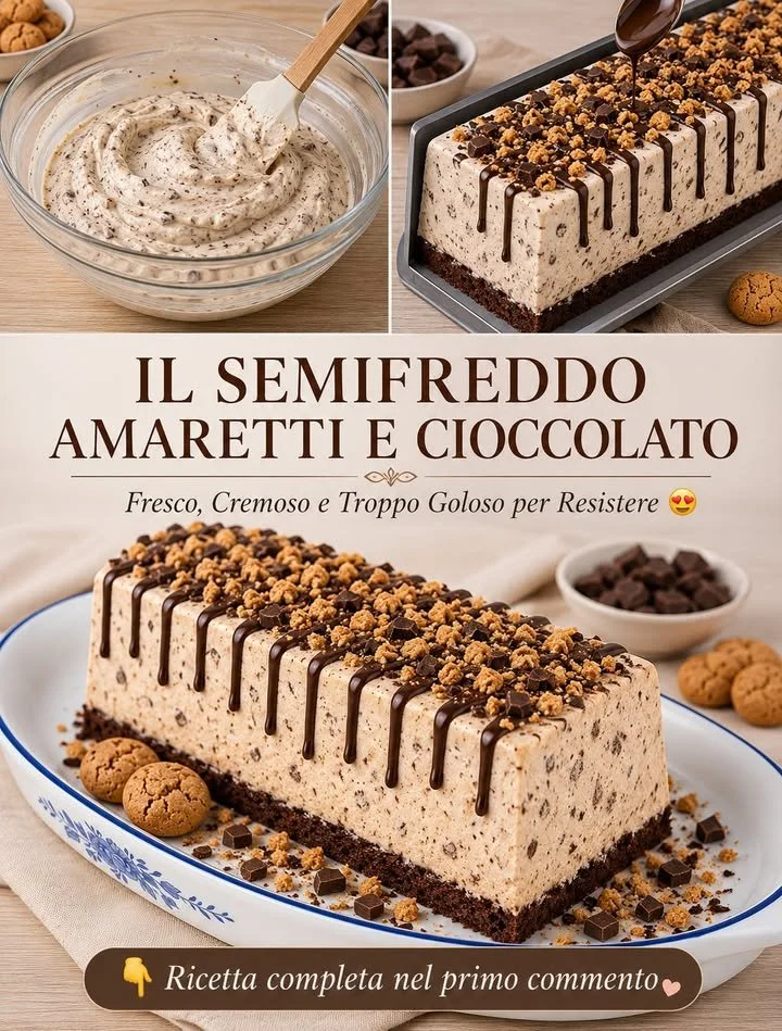 Delizioso semifreddo al cioccolato con amaretti, dolce congelato italiano.